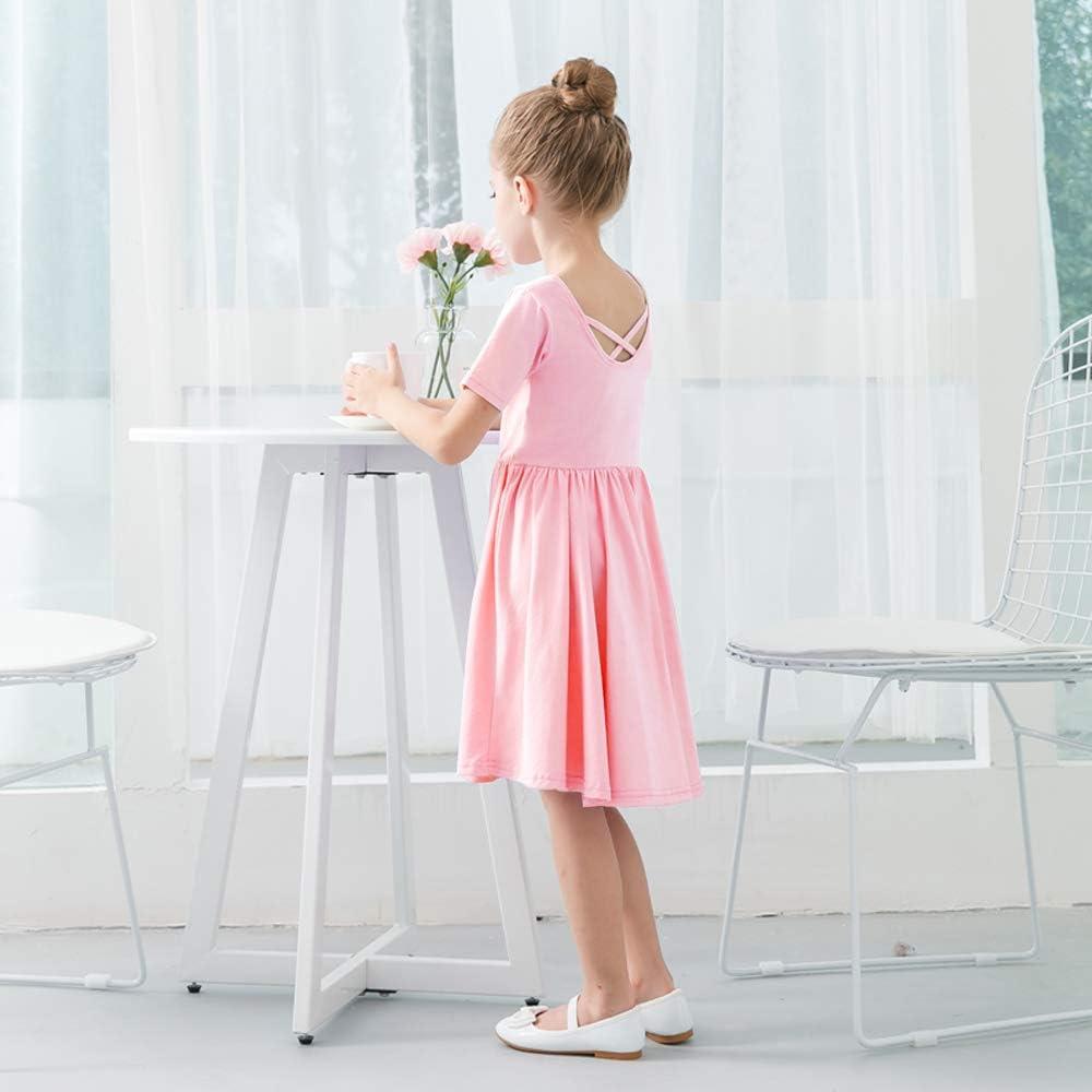 imageStelle Girls Short Sleeve Dress Summer Kids Toddler Skater Twirl A Line Solid Color TShirt Dress for School Casual 312 YA02pink Without Pocket