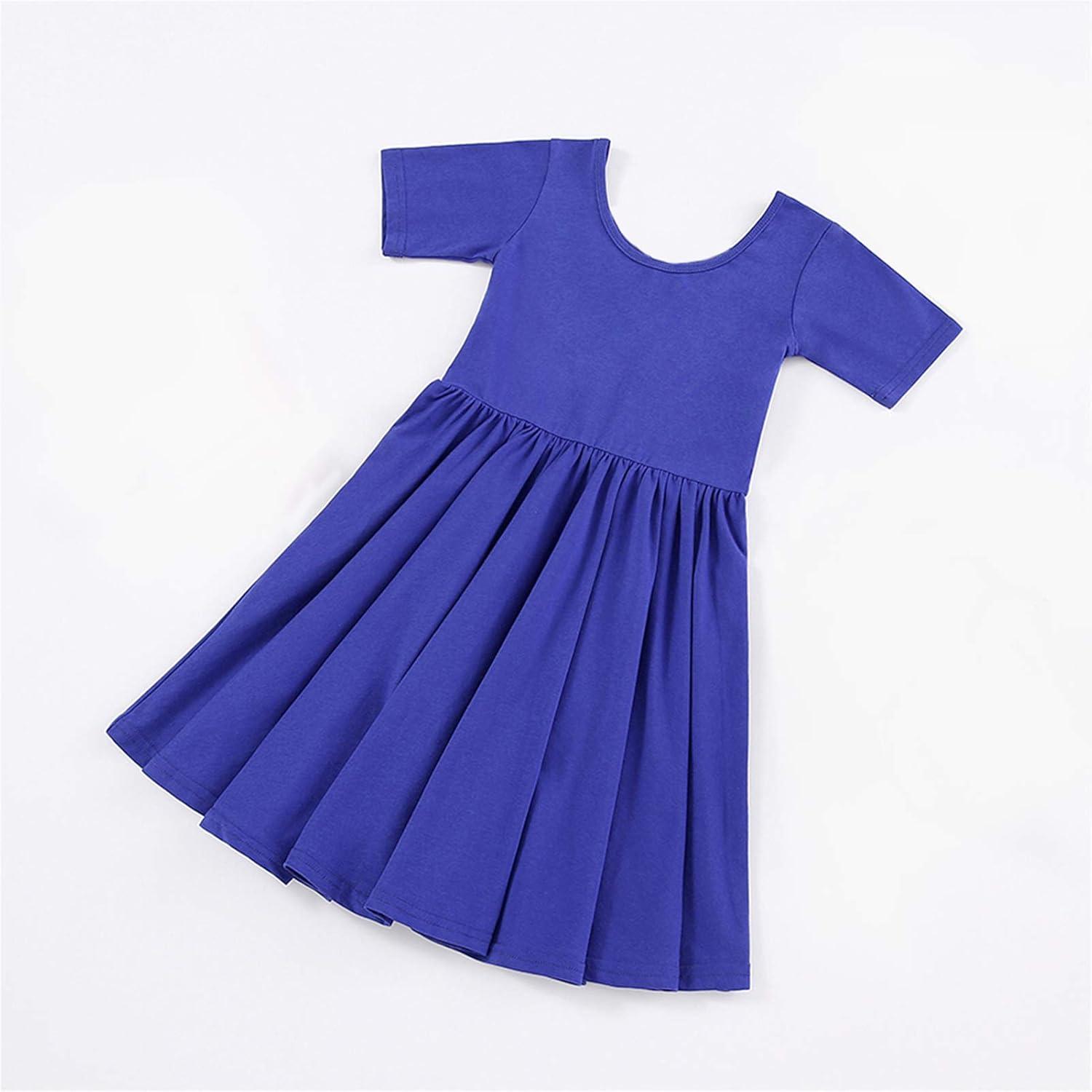 imageStelle Girls Short Sleeve Dress Summer Kids Toddler Skater Twirl A Line Solid Color TShirt Dress for School Casual 312 YA02royal Blue Without Pocket