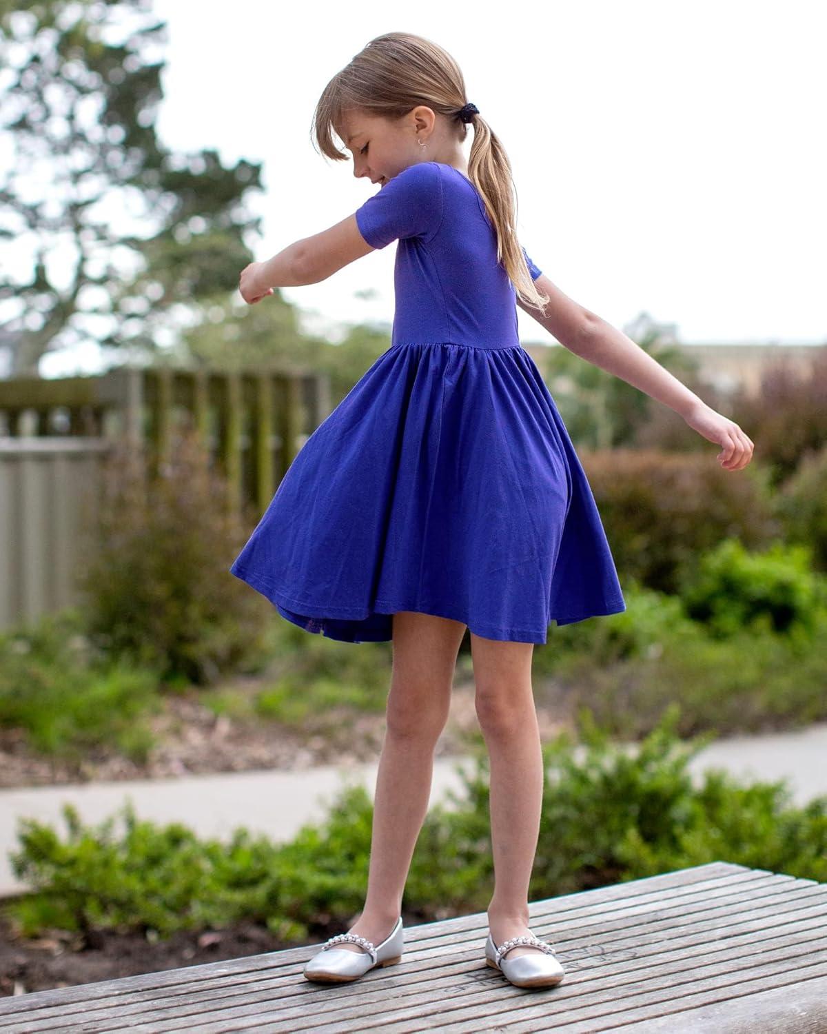 imageStelle Girls Short Sleeve Dress Summer Kids Toddler Skater Twirl A Line Solid Color TShirt Dress for School Casual 312 YA02royal Blue Without Pocket