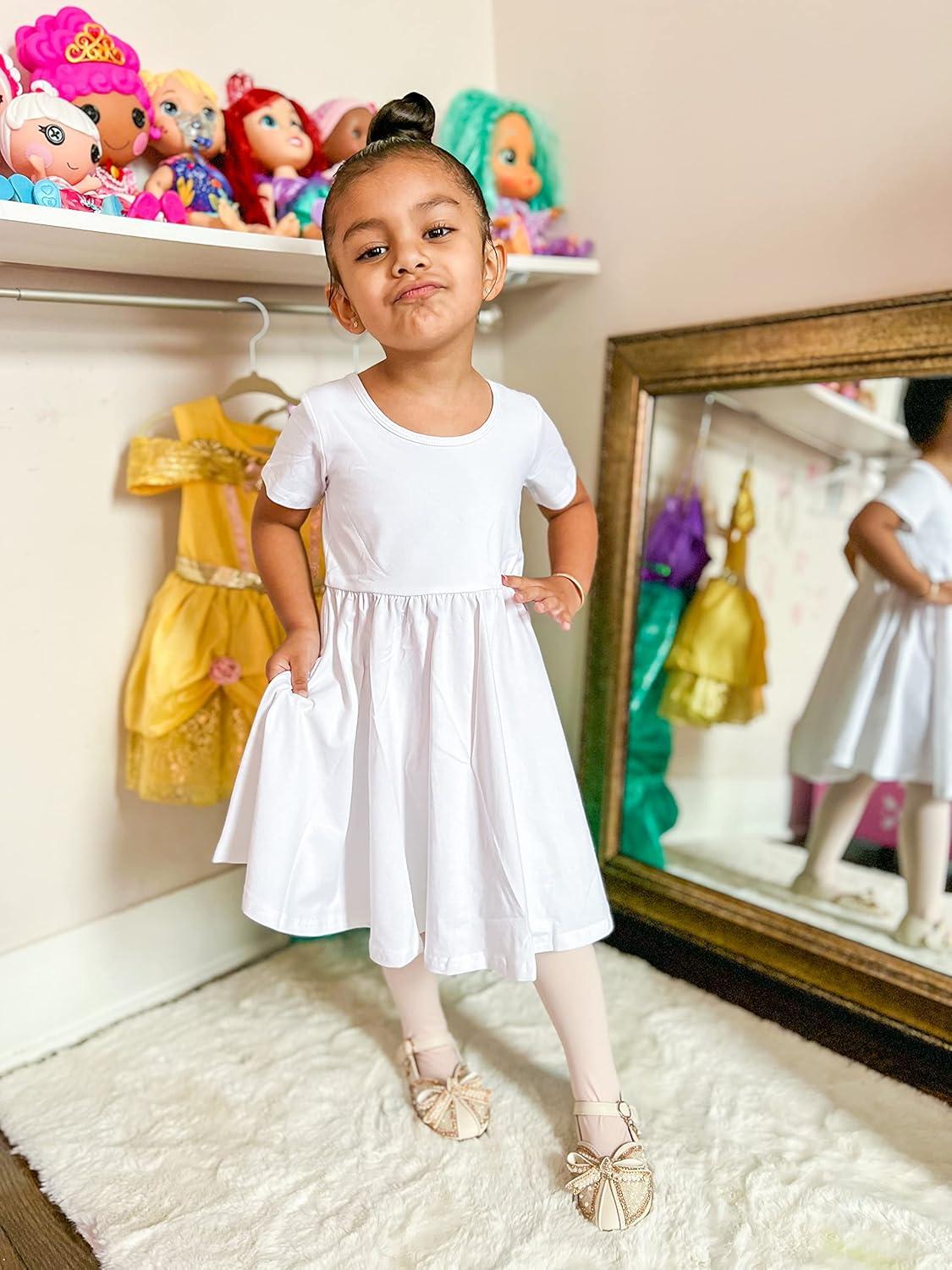 imageStelle Girls Short Sleeve Dress Summer Kids Toddler Skater Twirl A Line Solid Color TShirt Dress for School Casual 312 YA02white Without Pocket