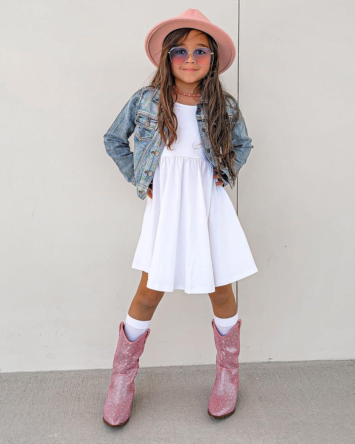 imageStelle Girls Short Sleeve Dress Summer Kids Toddler Skater Twirl A Line Solid Color TShirt Dress for School Casual 312 YA02white Without Pocket