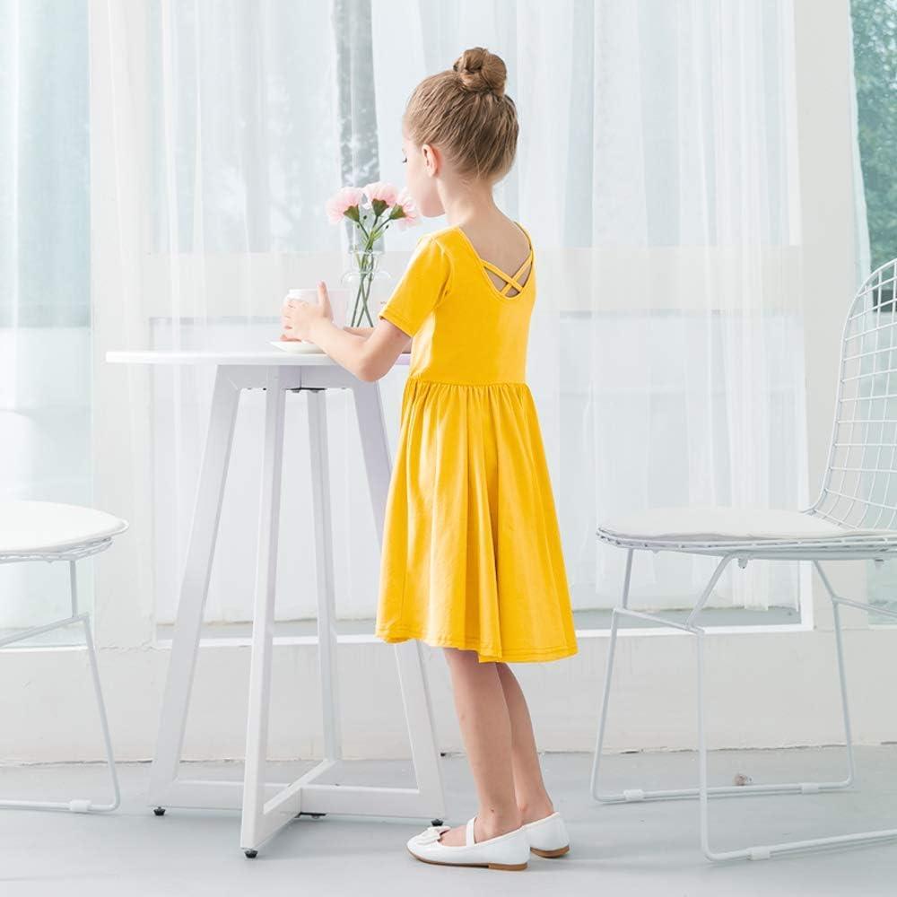 imageStelle Girls Short Sleeve Dress Summer Kids Toddler Skater Twirl A Line Solid Color TShirt Dress for School Casual 312 YA02yellow Without Pocket