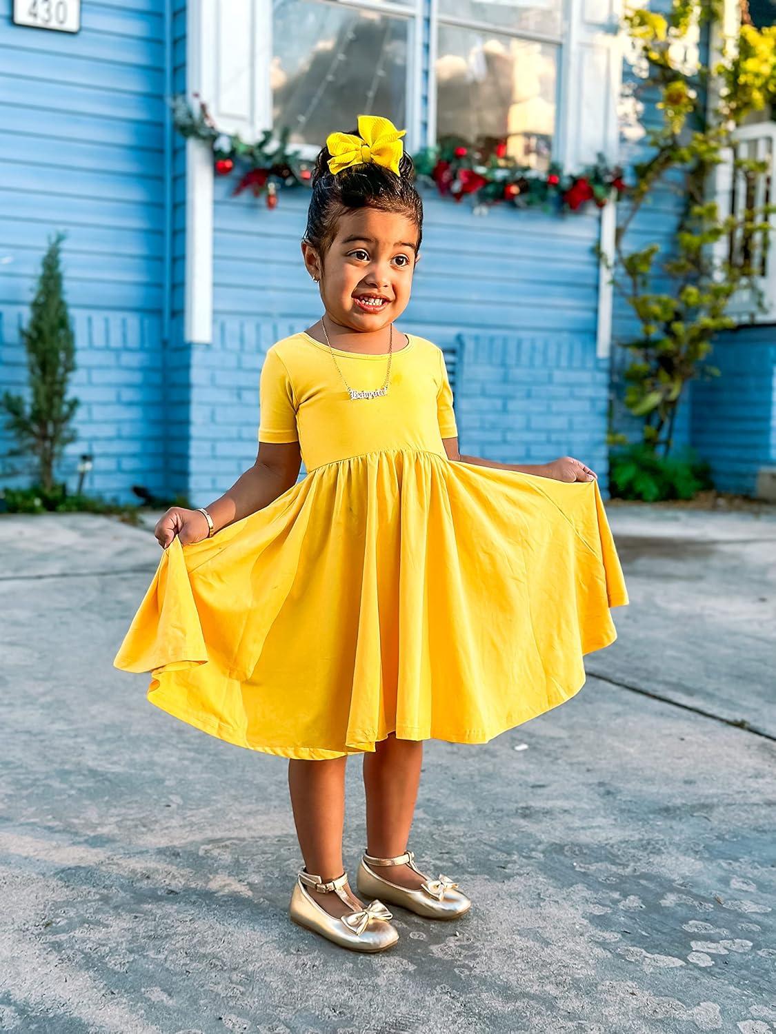 imageStelle Girls Short Sleeve Dress Summer Kids Toddler Skater Twirl A Line Solid Color TShirt Dress for School Casual 312 YA02yellow Without Pocket