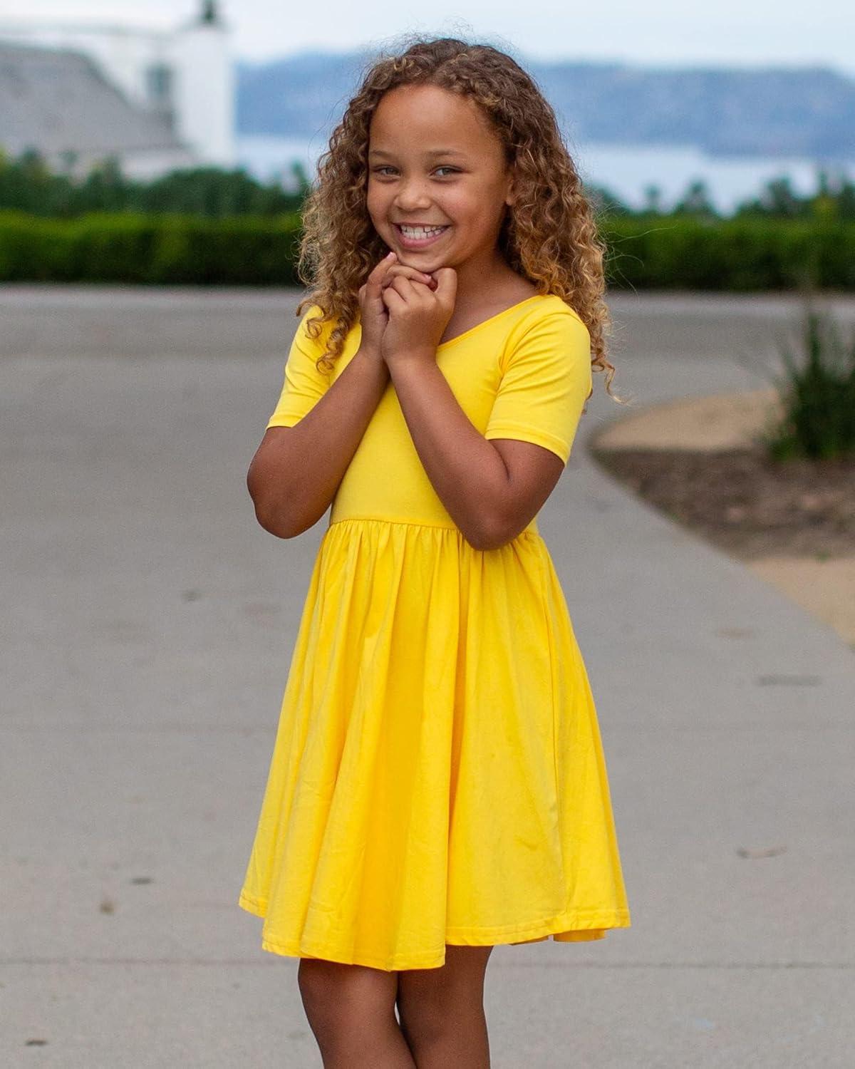 imageStelle Girls Short Sleeve Dress Summer Kids Toddler Skater Twirl A Line Solid Color TShirt Dress for School Casual 312 YA02yellow Without Pocket