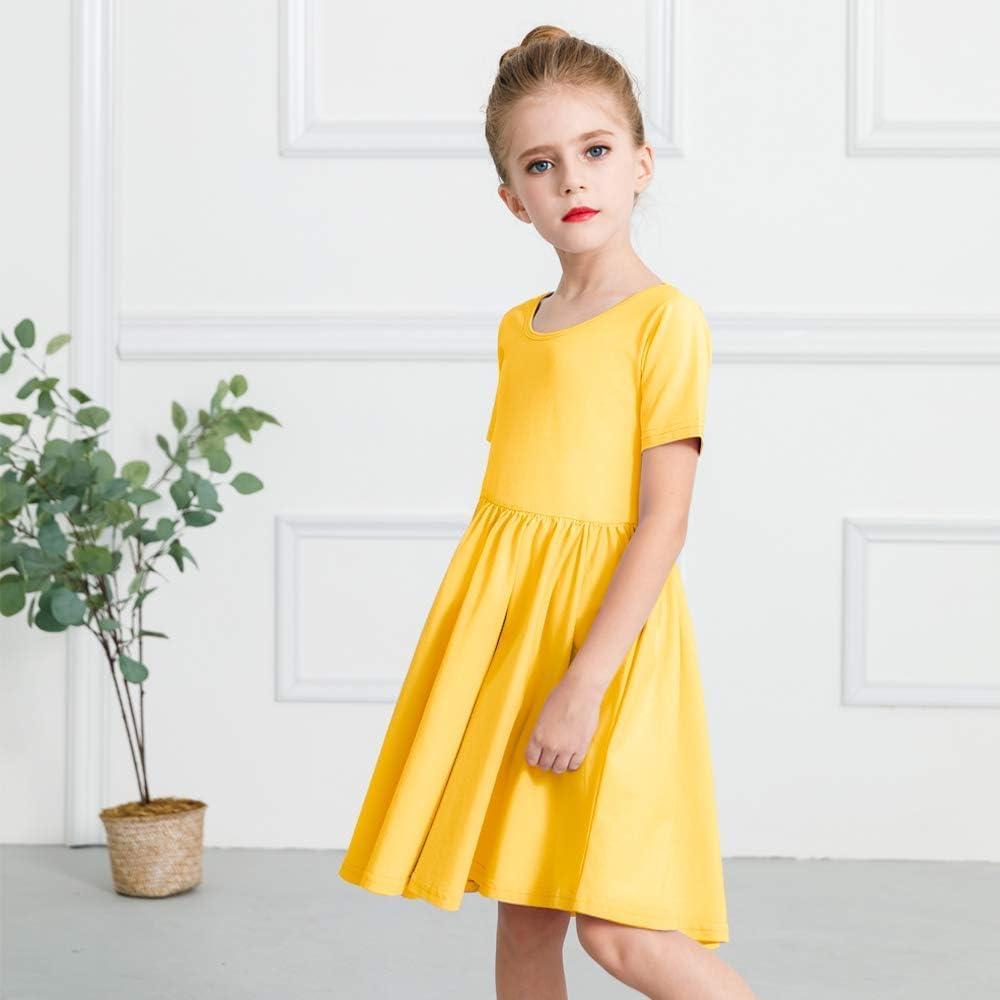 imageStelle Girls Short Sleeve Dress Summer Kids Toddler Skater Twirl A Line Solid Color TShirt Dress for School Casual 312 YA02yellow Without Pocket