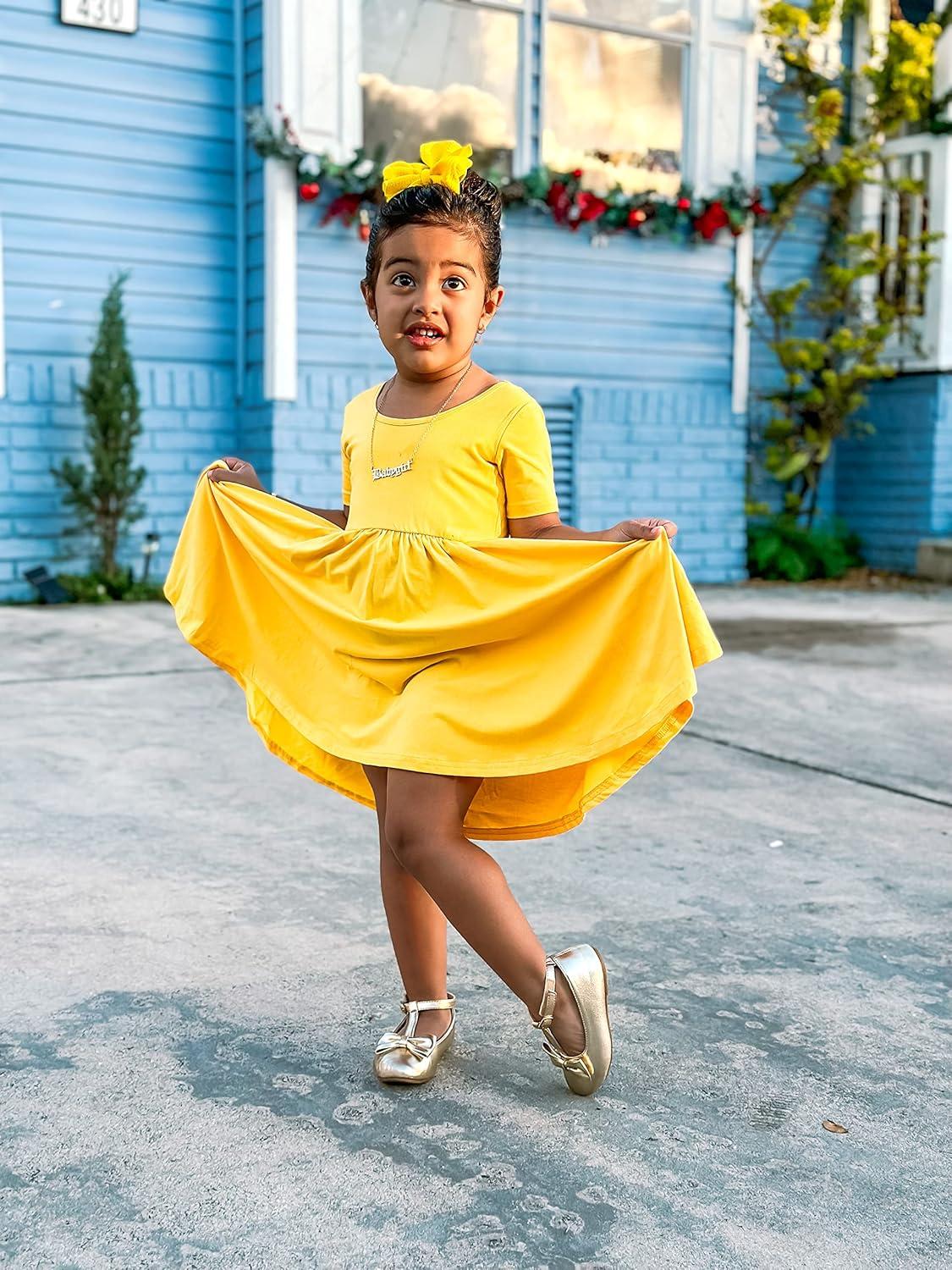 imageStelle Girls Short Sleeve Dress Summer Kids Toddler Skater Twirl A Line Solid Color TShirt Dress for School Casual 312 YA02yellow Without Pocket