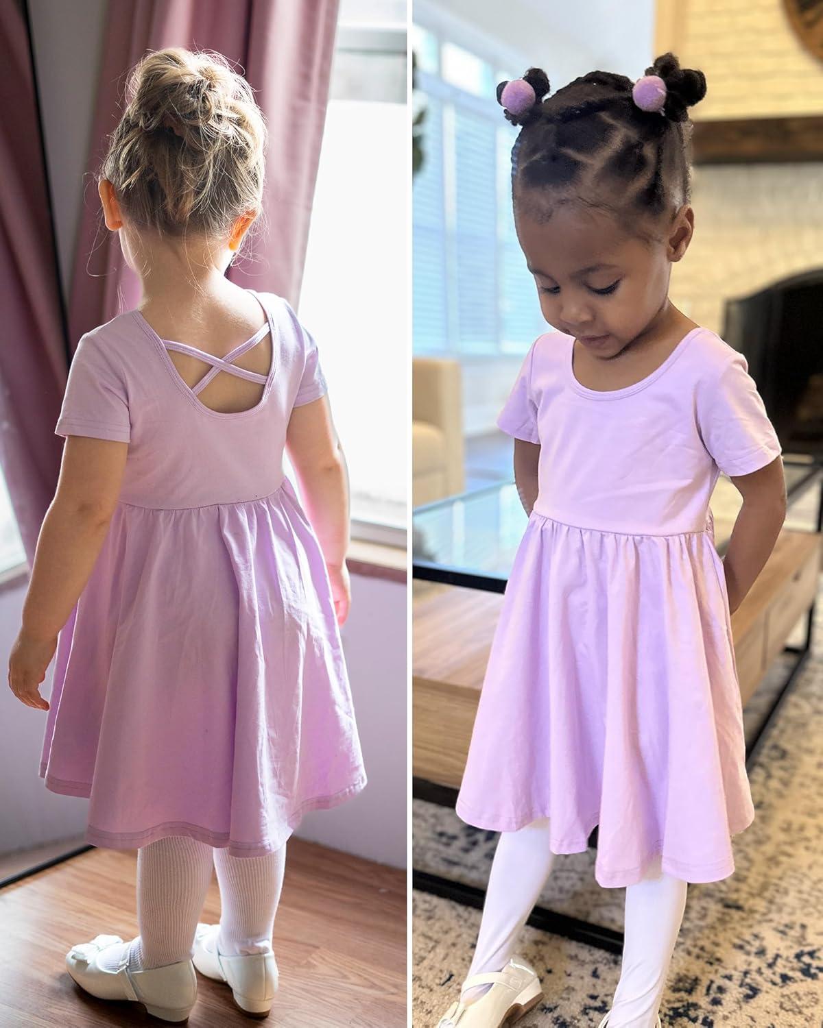 imageStelle Girls Short Sleeve Dress Summer Kids Toddler Skater Twirl A Line Solid Color TShirt Dress for School Casual 312 YA19lavender With Pocket