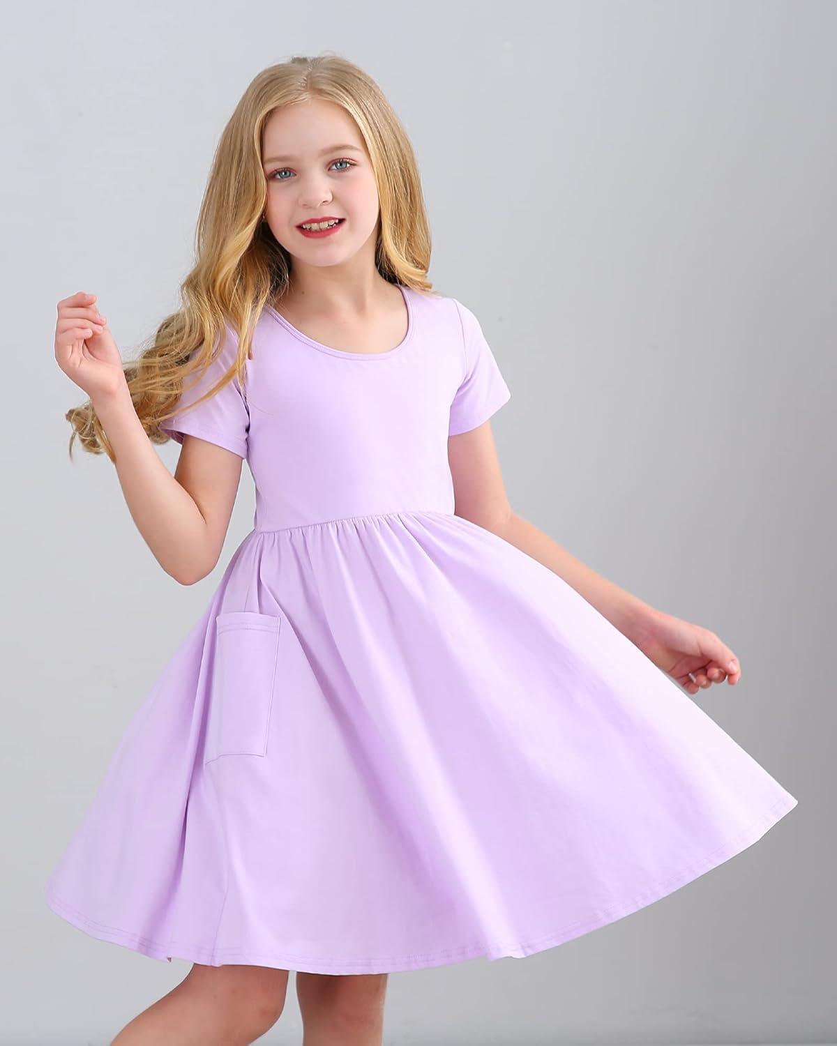 imageStelle Girls Short Sleeve Dress Summer Kids Toddler Skater Twirl A Line Solid Color TShirt Dress for School Casual 312 YA19lavender With Pocket