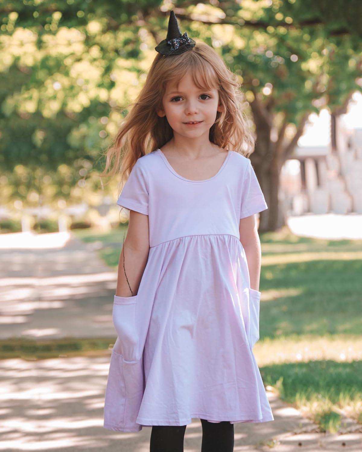 imageStelle Girls Short Sleeve Dress Summer Kids Toddler Skater Twirl A Line Solid Color TShirt Dress for School Casual 312 YA19lavender With Pocket