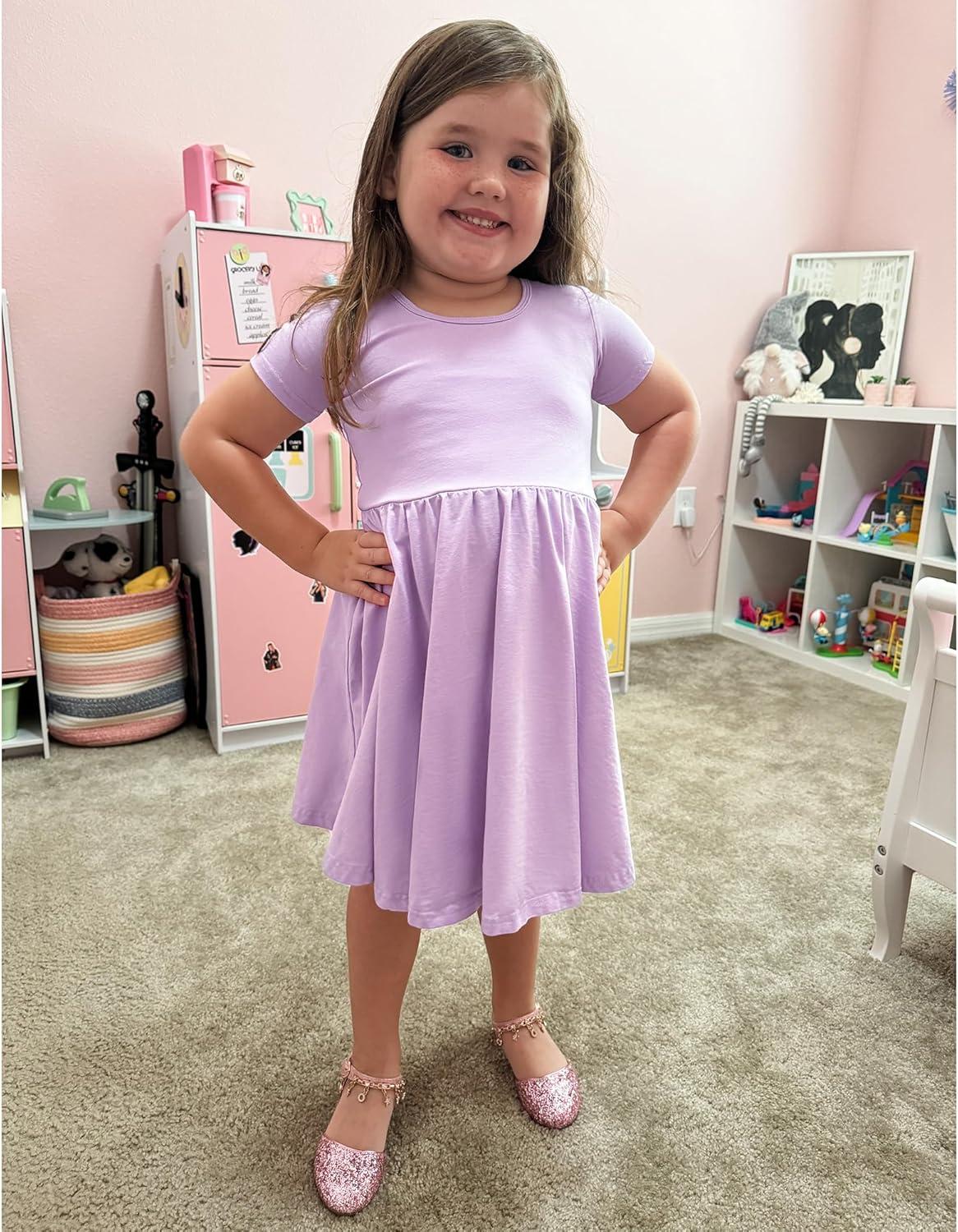 imageStelle Girls Short Sleeve Dress Summer Kids Toddler Skater Twirl A Line Solid Color TShirt Dress for School Casual 312 YA19lavender With Pocket