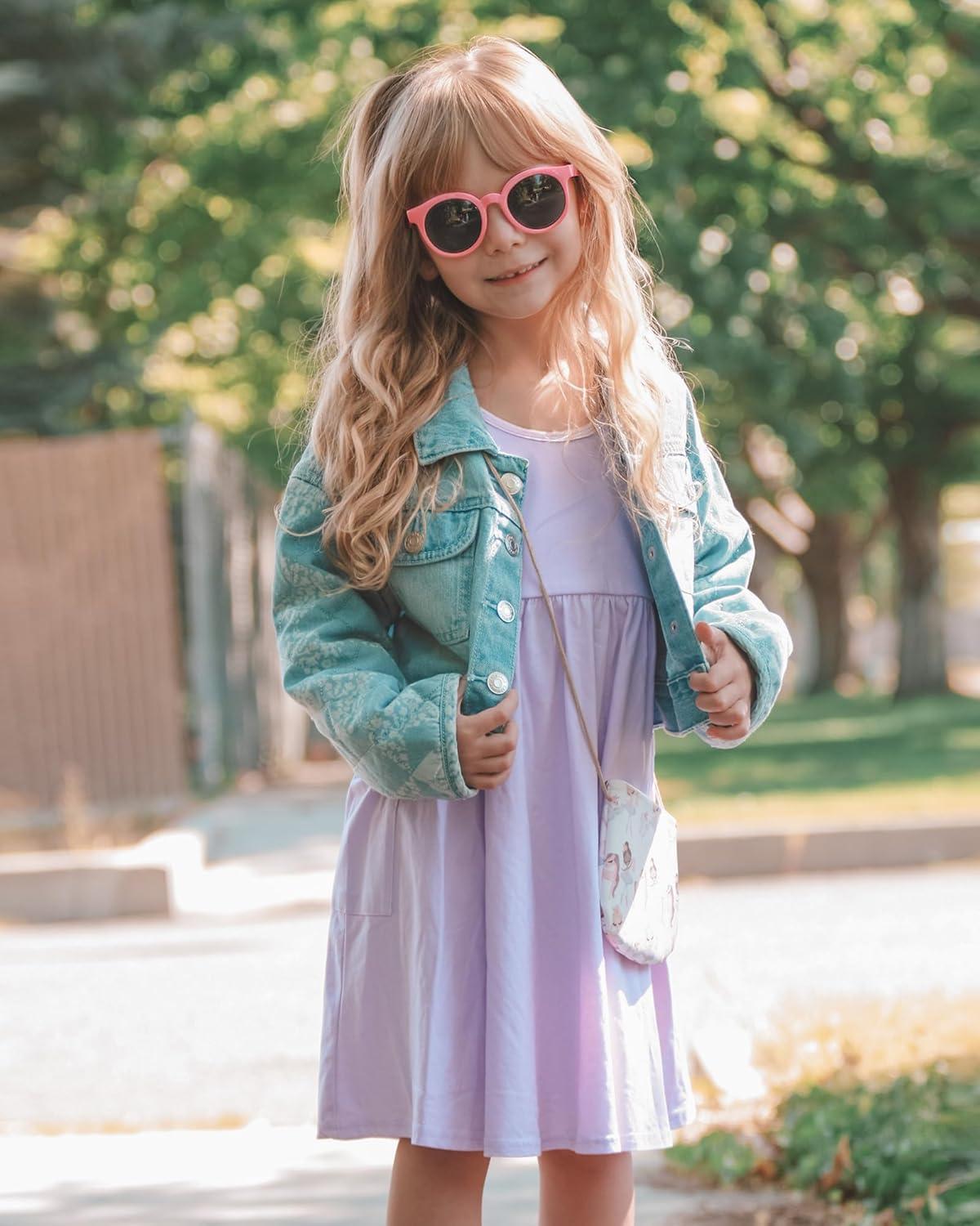 imageStelle Girls Short Sleeve Dress Summer Kids Toddler Skater Twirl A Line Solid Color TShirt Dress for School Casual 312 YA19lavender With Pocket