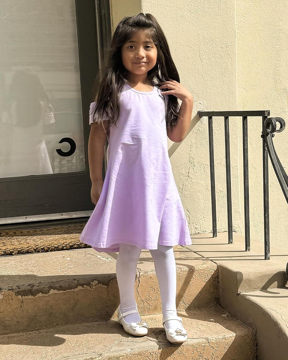 imageStelle Girls Short Sleeve Dress Summer Kids Toddler Skater Twirl A Line Solid Color TShirt Dress for School Casual 312 YCd001lavendercold Shoulder