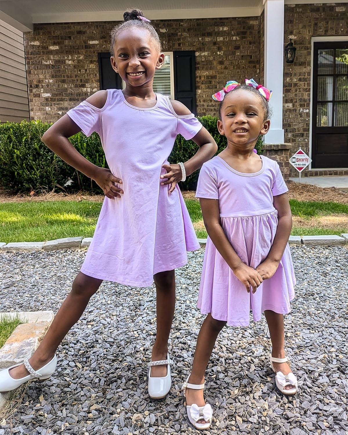 imageStelle Girls Short Sleeve Dress Summer Kids Toddler Skater Twirl A Line Solid Color TShirt Dress for School Casual 312 YCd001lavendercold Shoulder