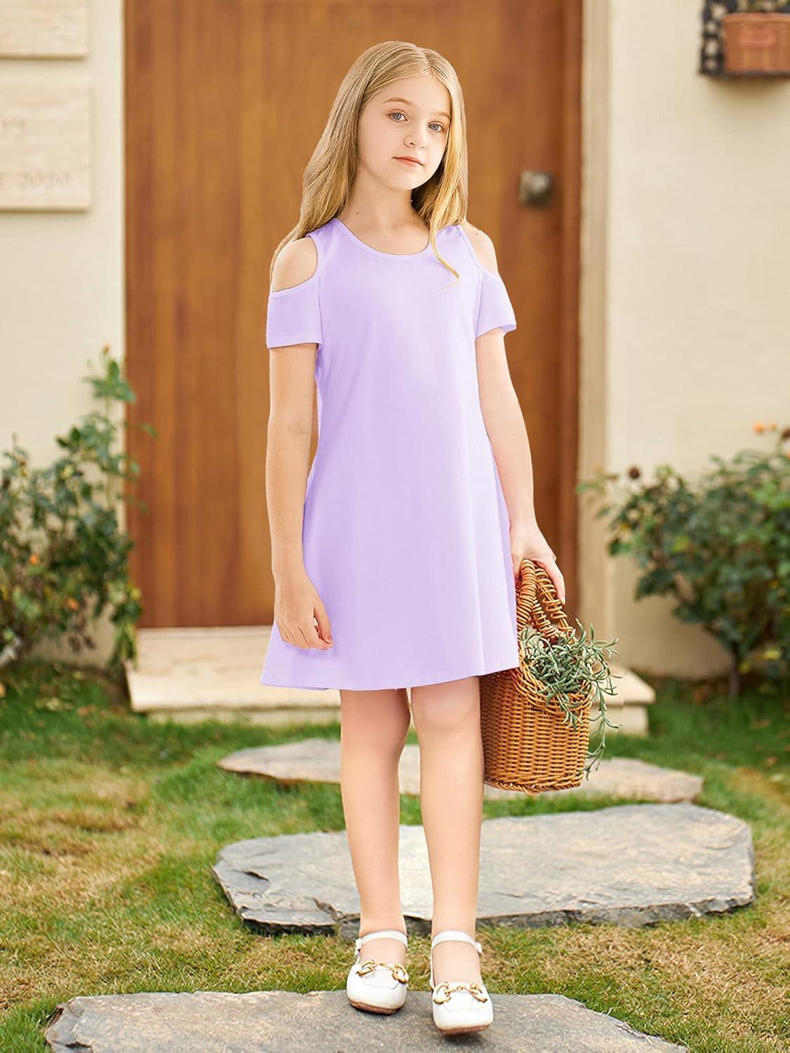 imageStelle Girls Short Sleeve Dress Summer Kids Toddler Skater Twirl A Line Solid Color TShirt Dress for School Casual 312 YCd001lavendercold Shoulder