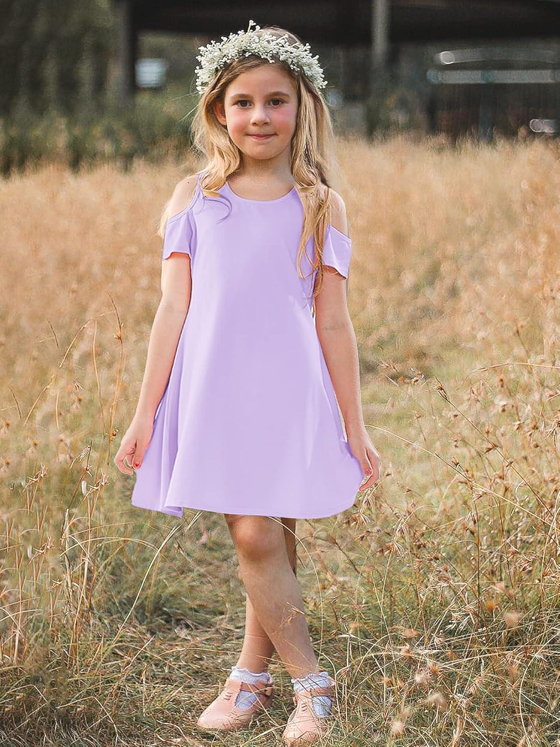imageStelle Girls Short Sleeve Dress Summer Kids Toddler Skater Twirl A Line Solid Color TShirt Dress for School Casual 312 YCd001lavendercold Shoulder