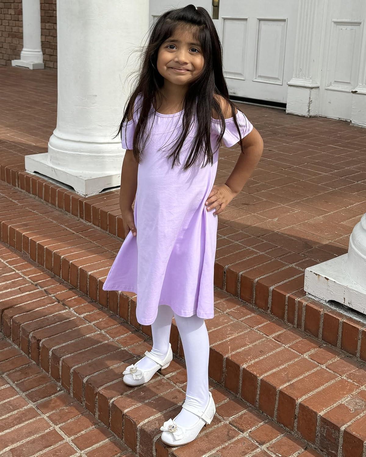 imageStelle Girls Short Sleeve Dress Summer Kids Toddler Skater Twirl A Line Solid Color TShirt Dress for School Casual 312 YCd001lavendercold Shoulder