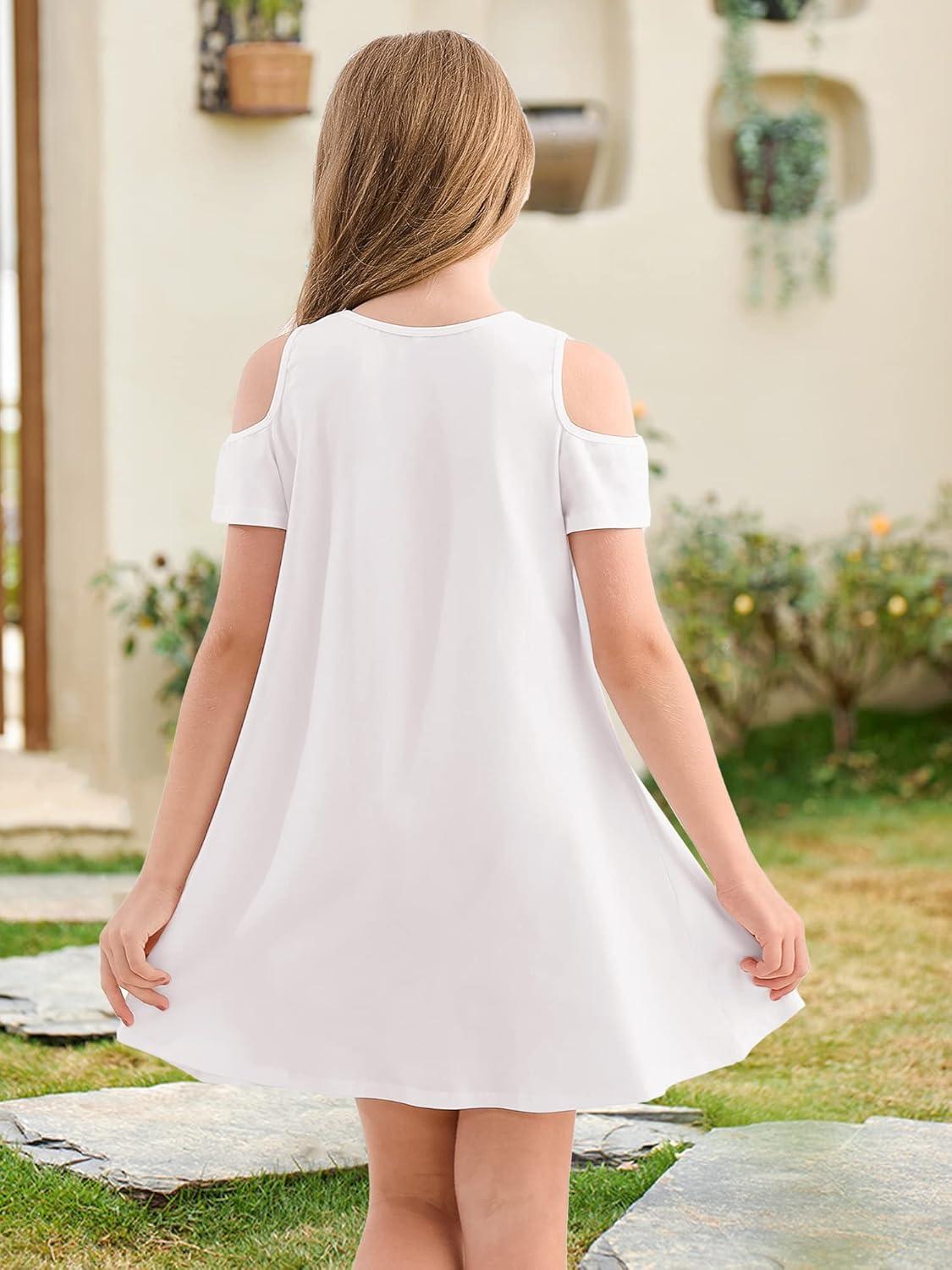 imageStelle Girls Short Sleeve Dress Summer Kids Toddler Skater Twirl A Line Solid Color TShirt Dress for School Casual 312 YCd001whitecold Shoulder