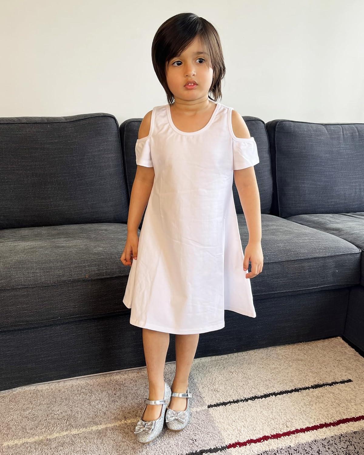 imageStelle Girls Short Sleeve Dress Summer Kids Toddler Skater Twirl A Line Solid Color TShirt Dress for School Casual 312 YCd001whitecold Shoulder