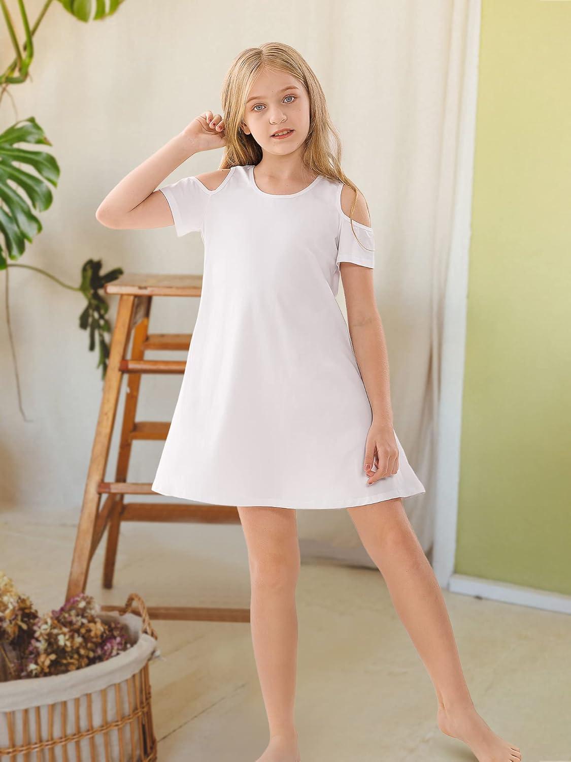 imageStelle Girls Short Sleeve Dress Summer Kids Toddler Skater Twirl A Line Solid Color TShirt Dress for School Casual 312 YCd001whitecold Shoulder