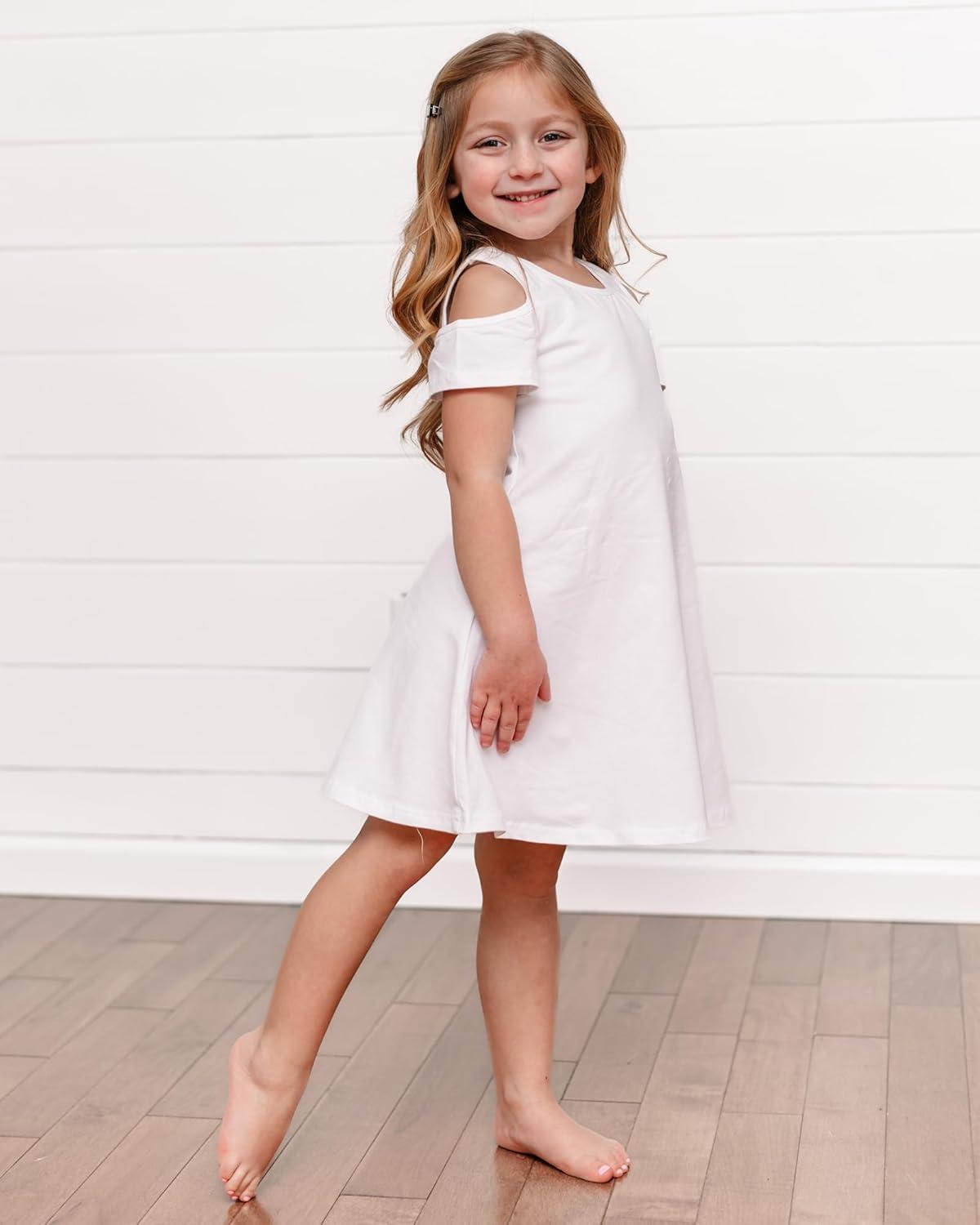 imageStelle Girls Short Sleeve Dress Summer Kids Toddler Skater Twirl A Line Solid Color TShirt Dress for School Casual 312 YCd001whitecold Shoulder