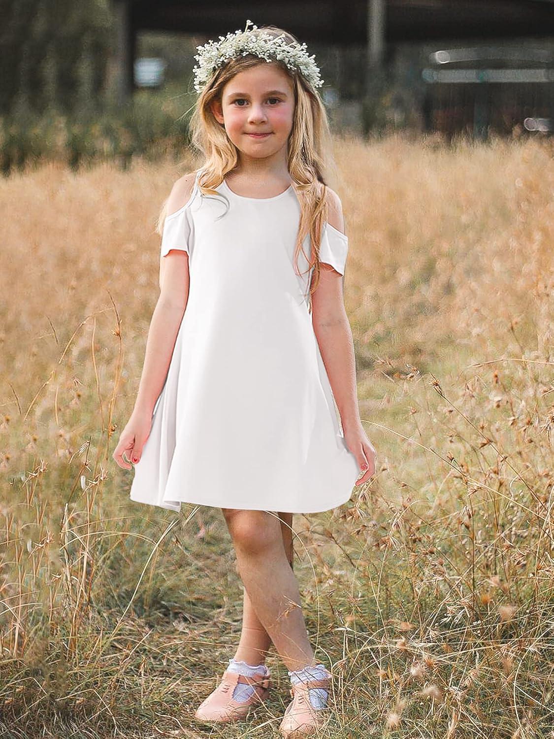 imageStelle Girls Short Sleeve Dress Summer Kids Toddler Skater Twirl A Line Solid Color TShirt Dress for School Casual 312 YCd001whitecold Shoulder