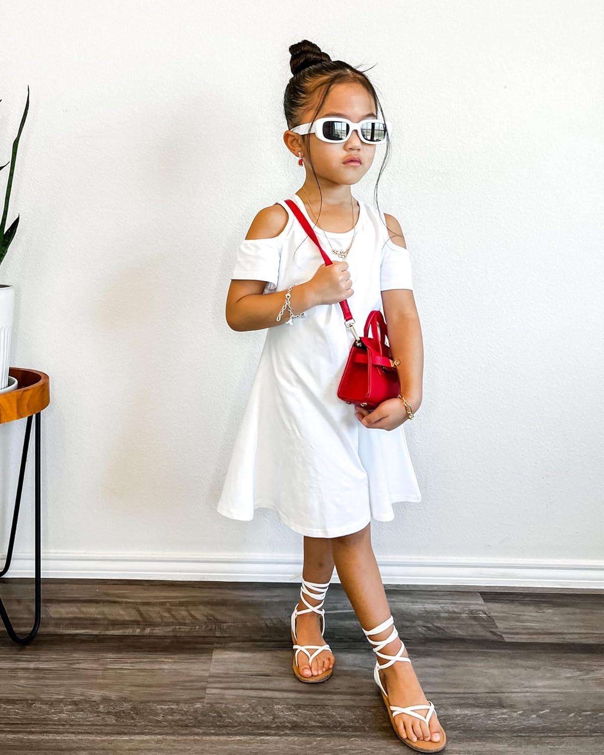 imageStelle Girls Short Sleeve Dress Summer Kids Toddler Skater Twirl A Line Solid Color TShirt Dress for School Casual 312 YCd001whitecold Shoulder