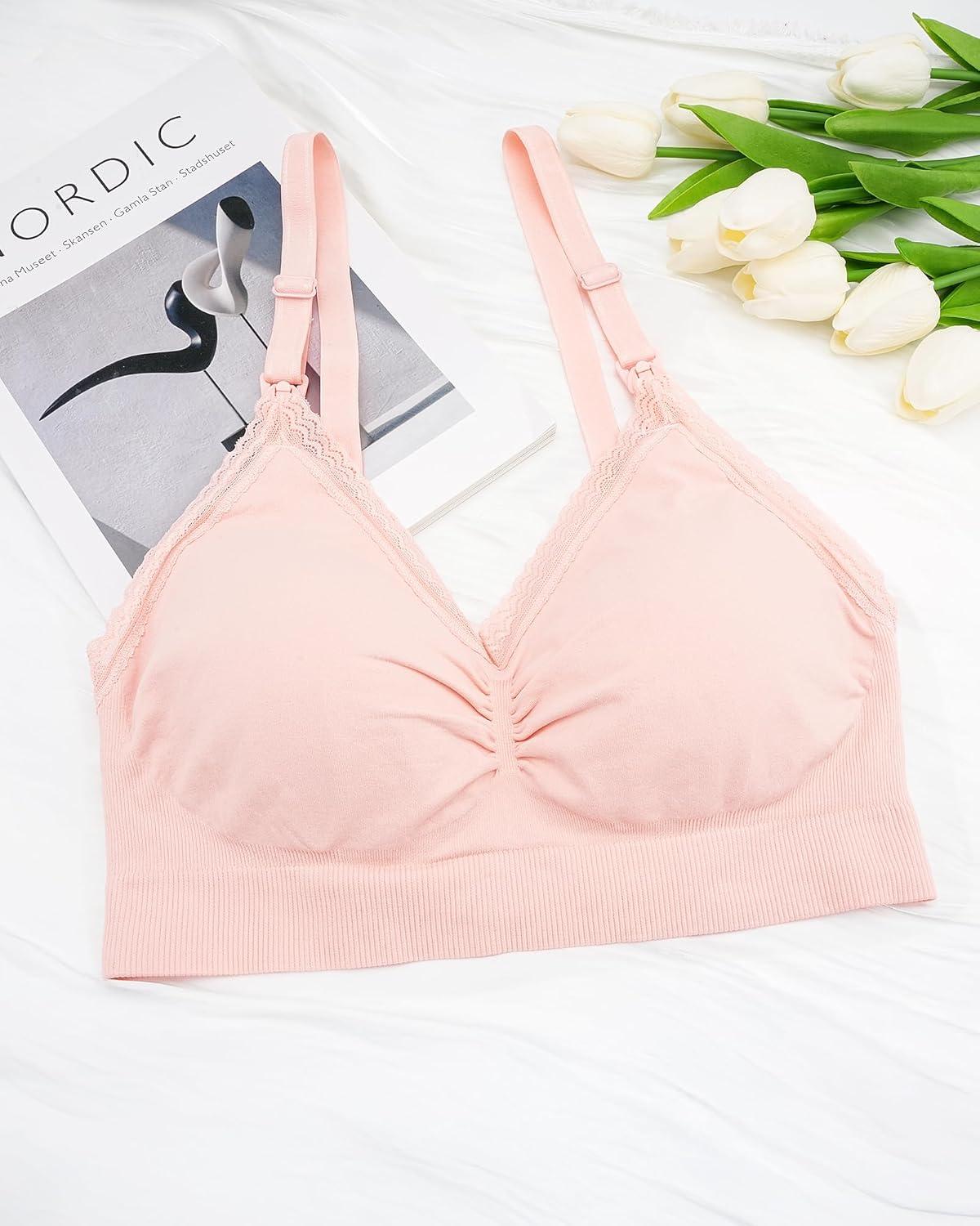 imageStelle Lace Nursing Bras for Breastfeeding Seamless Pregnancy Maternity Wireless Bralette with Pads Extenders3 Pack Pink