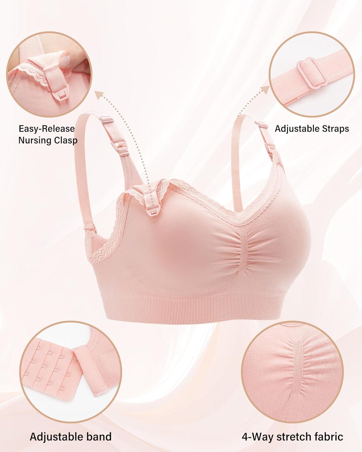 imageStelle Lace Nursing Bras for Breastfeeding Seamless Pregnancy Maternity Wireless Bralette with Pads Extenders3 Pack Pink