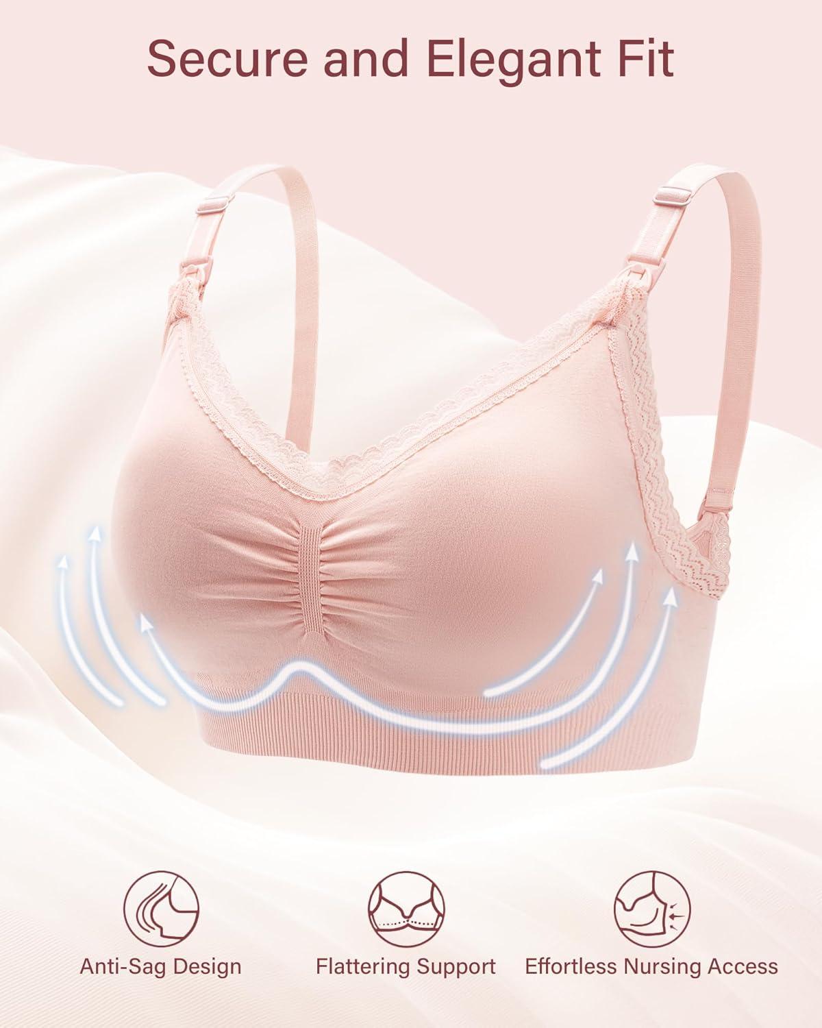 imageStelle Lace Nursing Bras for Breastfeeding Seamless Pregnancy Maternity Wireless Bralette with Pads Extenders3 Pack Pink