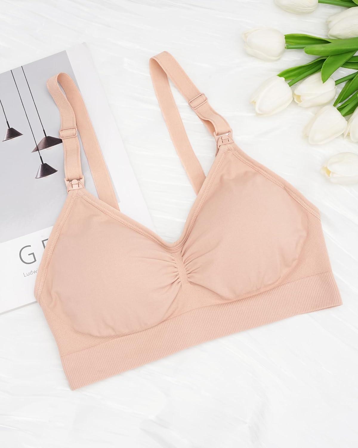 imageStelle Nursing Bras Maternity Bra for Breastfeeding Pregnancy Wireless Bralette with Pads Extenders ampamp Clips3 Pack Almond