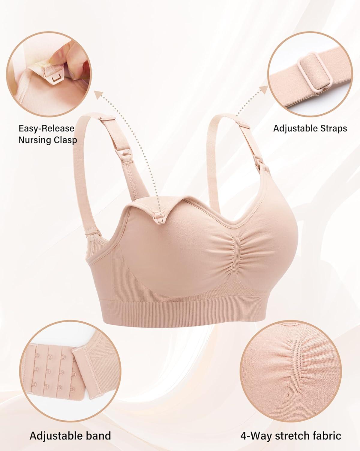 imageStelle Nursing Bras Maternity Bra for Breastfeeding Pregnancy Wireless Bralette with Pads Extenders ampamp Clips3 Pack Almond