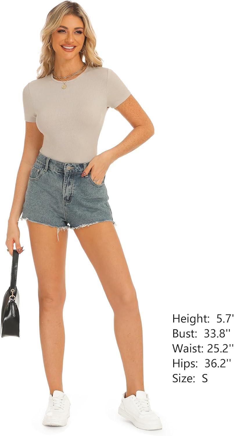imageStelle Ribbed Tops for Women Short Sleeve Tshirt Slim Fit Basic Tee Casual BlouseDesert Beige