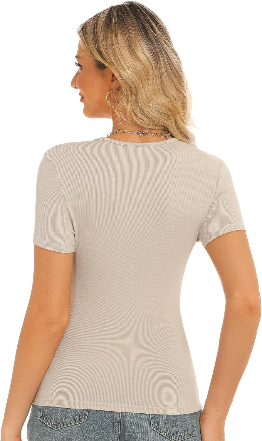 imageStelle Ribbed Tops for Women Short Sleeve Tshirt Slim Fit Basic Tee Casual BlouseDesert Beige