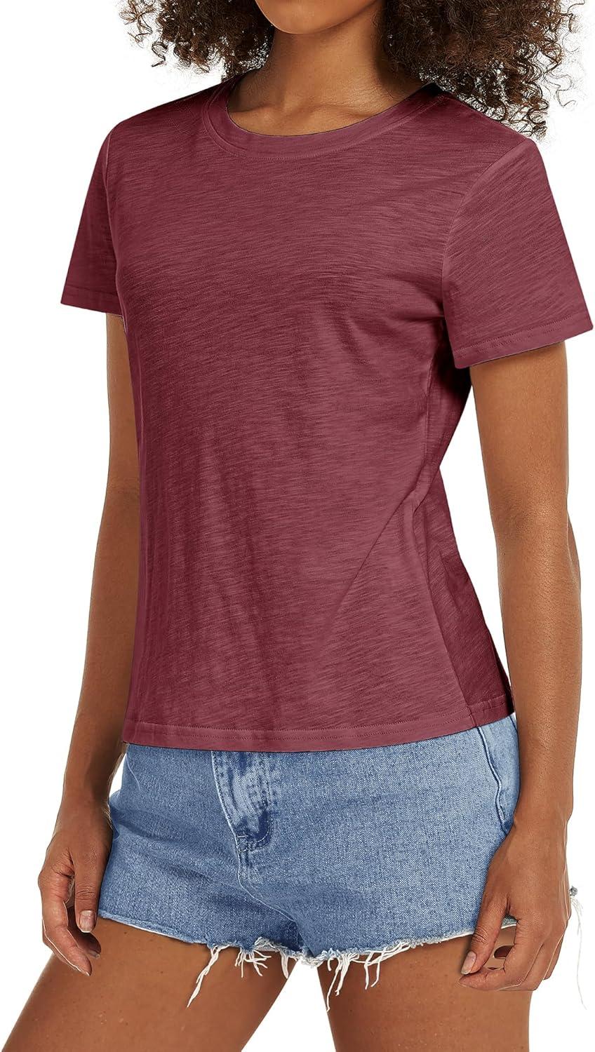 imageStelle Women T Shirts Crew Neck Short Sleeve Shirts Modal Soft Summer Classic Fit TeesBurgundy