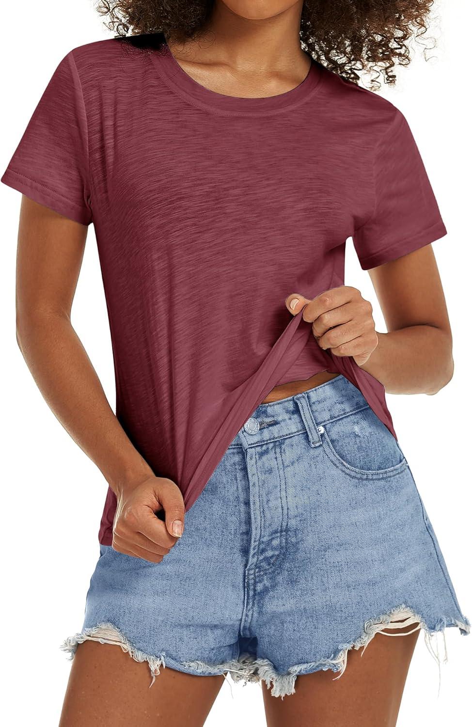 imageStelle Women T Shirts Crew Neck Short Sleeve Shirts Modal Soft Summer Classic Fit TeesBurgundy