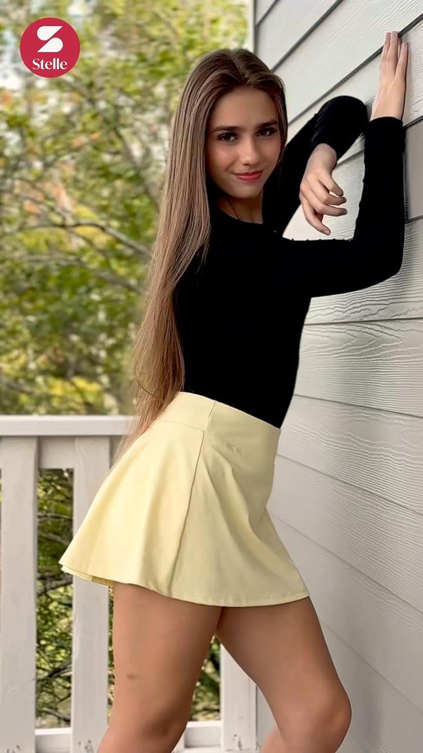 imageStelle Women Tennis Skirt Golf Skorts Athletic High Waisted with Pockets Inner Shorts Sport Workout Pleated PickleballLemon Butter