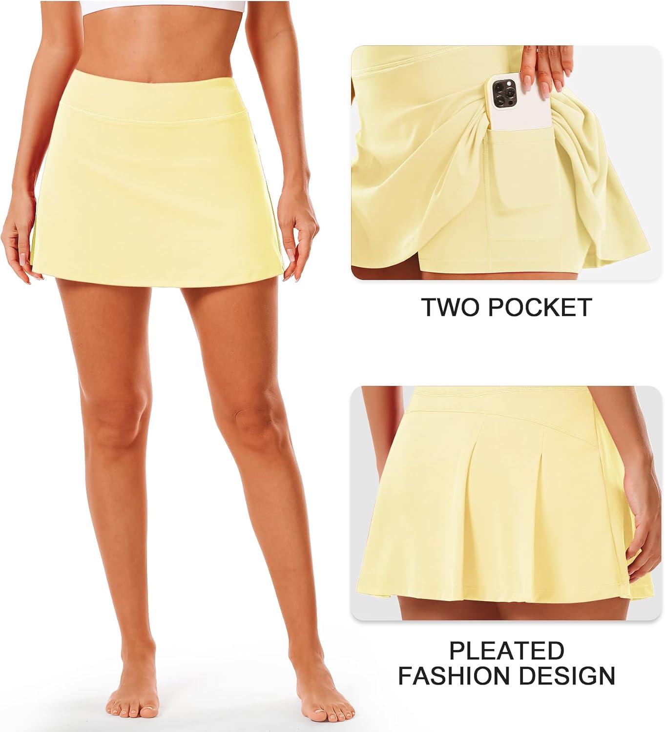 imageStelle Women Tennis Skirt Golf Skorts Athletic High Waisted with Pockets Inner Shorts Sport Workout Pleated PickleballLemon Butter