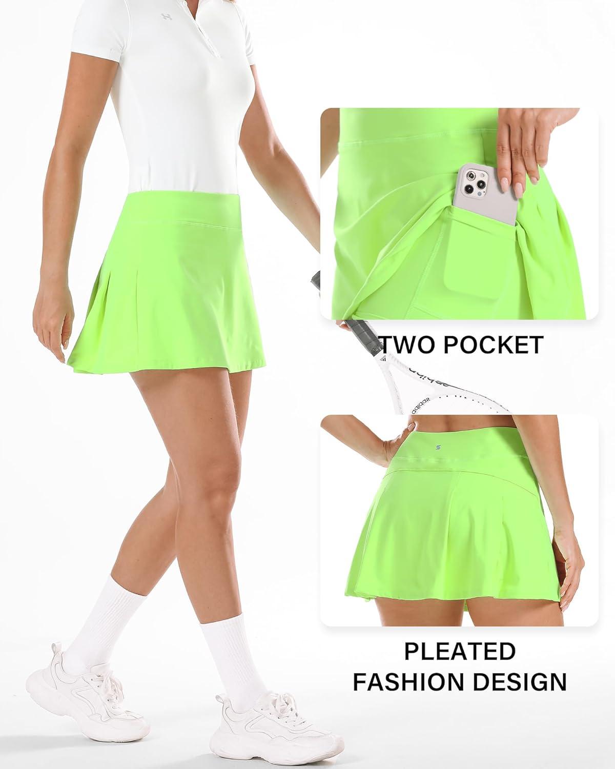 imageStelle Women Tennis Skirt Golf Skorts Athletic High Waisted with Pockets Inner Shorts Sport Workout Pleated PickleballLime Green