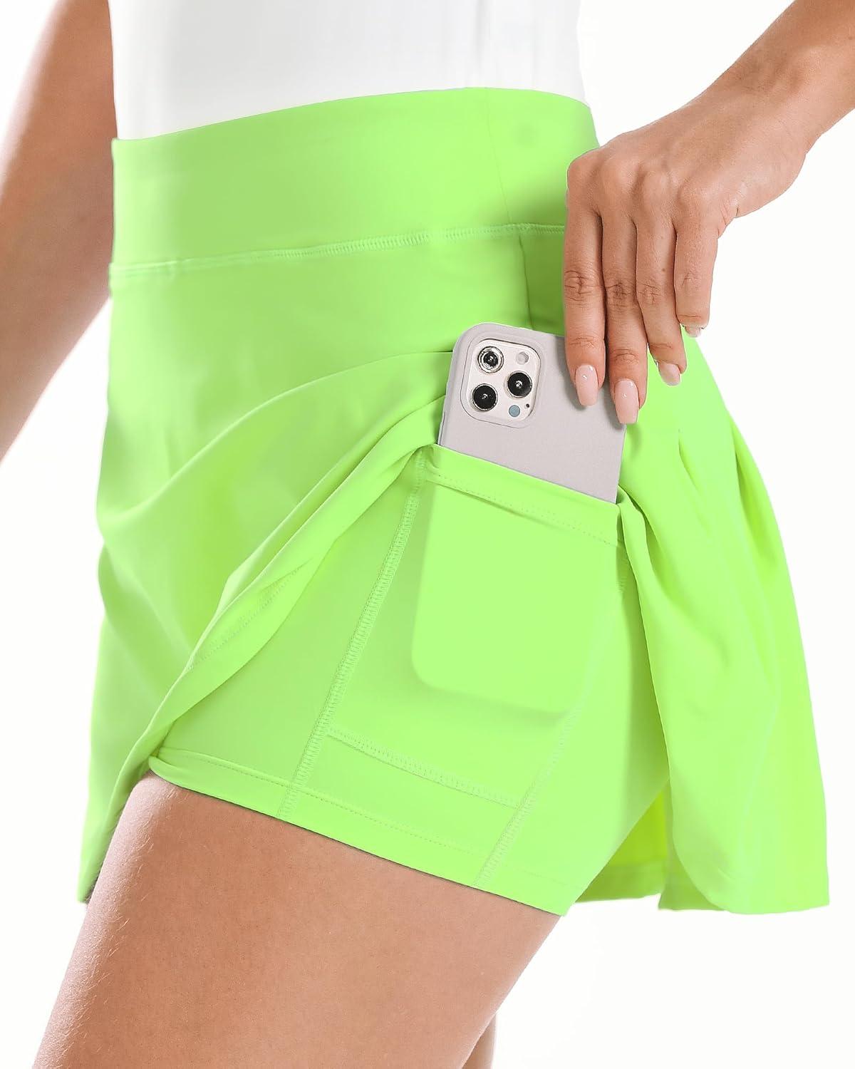 imageStelle Women Tennis Skirt Golf Skorts Athletic High Waisted with Pockets Inner Shorts Sport Workout Pleated PickleballLime Green