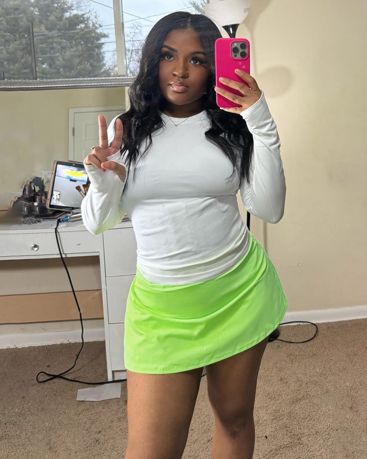 imageStelle Women Tennis Skirt Golf Skorts Athletic High Waisted with Pockets Inner Shorts Sport Workout Pleated PickleballLime Green