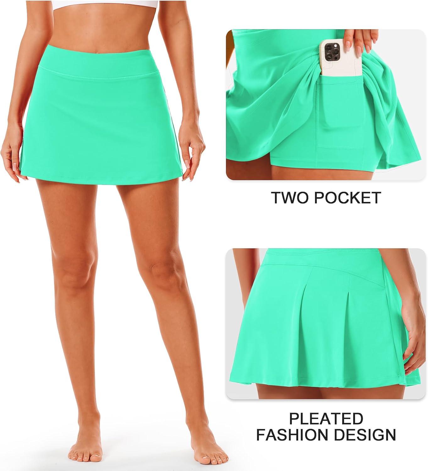 imageStelle Women Tennis Skirt Golf Skorts Athletic High Waisted with Pockets Inner Shorts Sport Workout Pleated PickleballMint Green