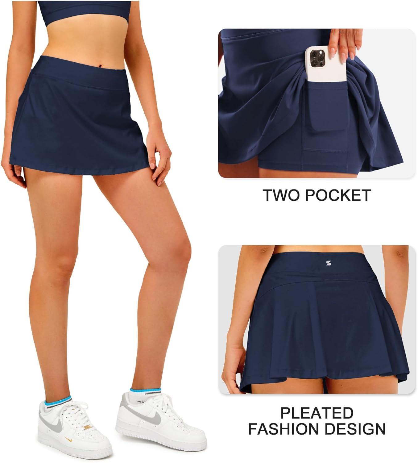 imageStelle Women Tennis Skirt Golf Skorts Athletic High Waisted with Pockets Inner Shorts Sport Workout Pleated PickleballNavy