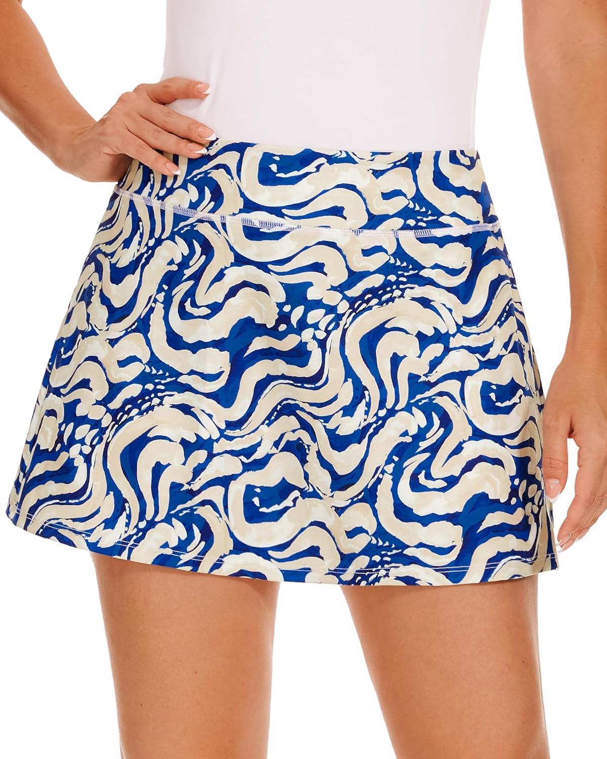 imageStelle Women Tennis Skirt Golf Skorts Athletic High Waisted with Pockets Inner Shorts Sport Workout Pleated PickleballOcean Breeze