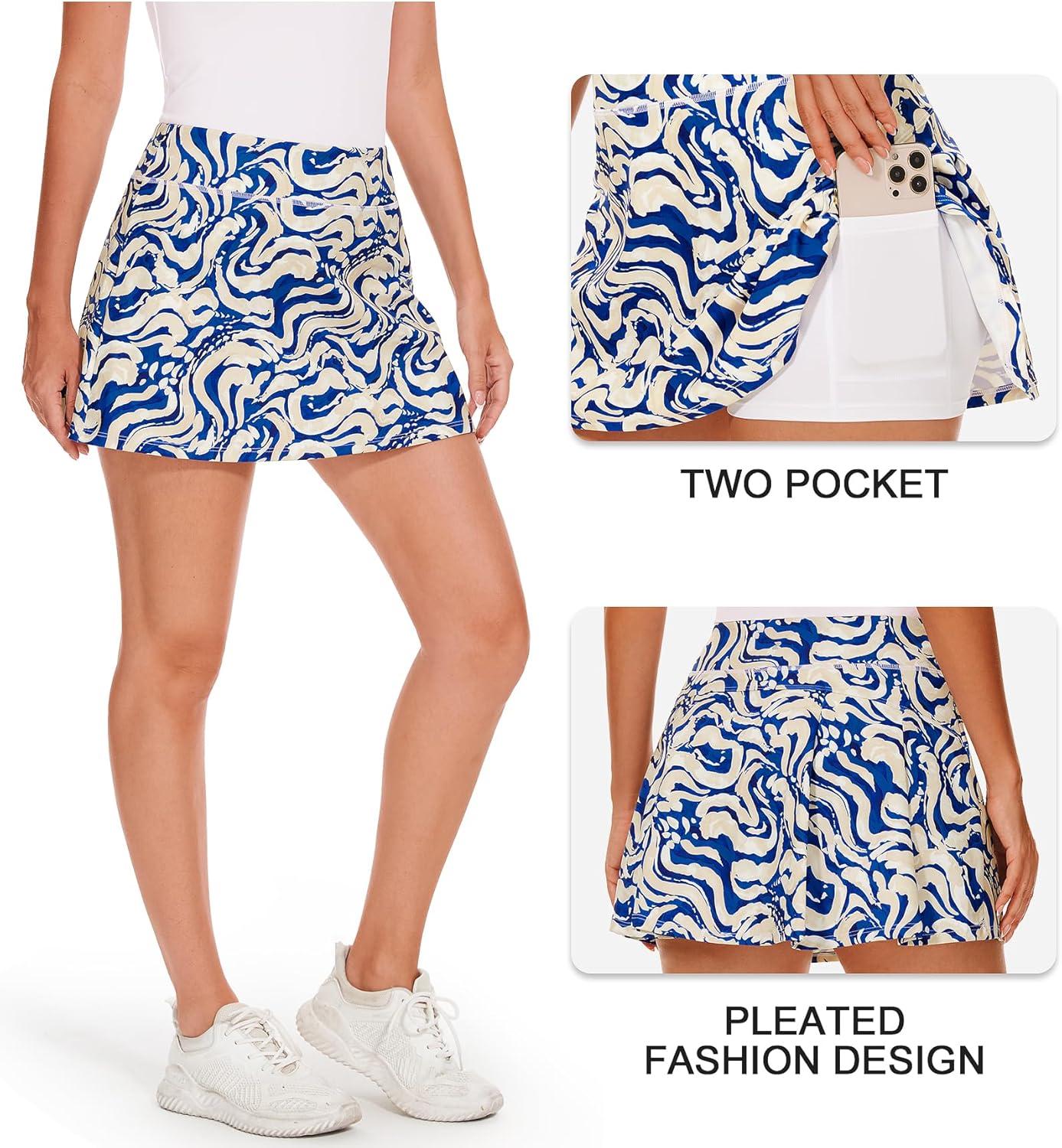 imageStelle Women Tennis Skirt Golf Skorts Athletic High Waisted with Pockets Inner Shorts Sport Workout Pleated PickleballOcean Breeze