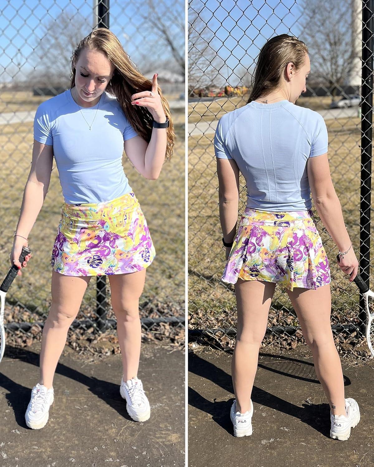 imageStelle Women Tennis Skirt Golf Skorts Athletic High Waisted with Pockets Inner Shorts Sport Workout Pleated PickleballPastel Pickle