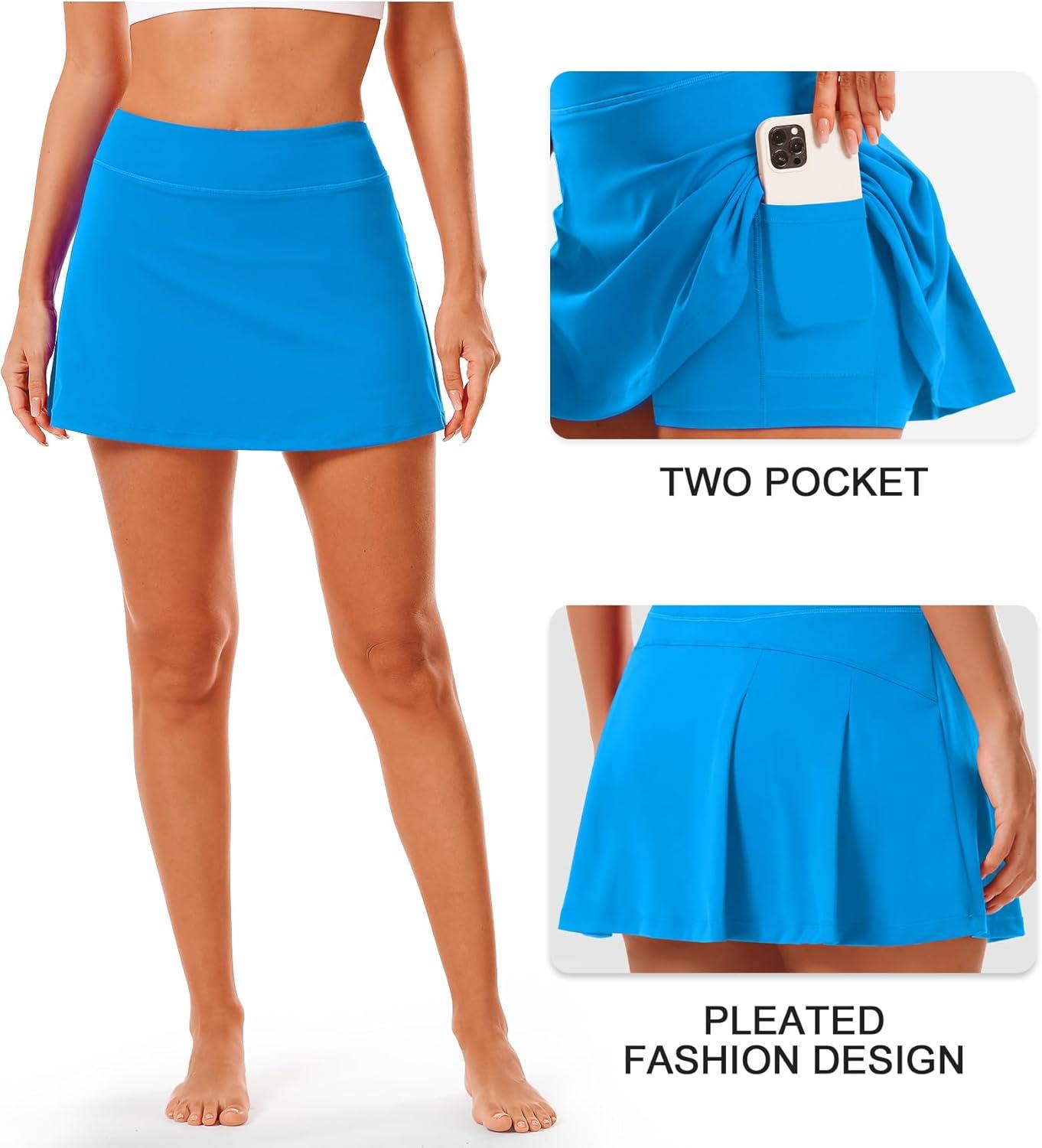 imageStelle Women Tennis Skirt Golf Skorts Athletic High Waisted with Pockets Inner Shorts Sport Workout Pleated PickleballSmurf Blue