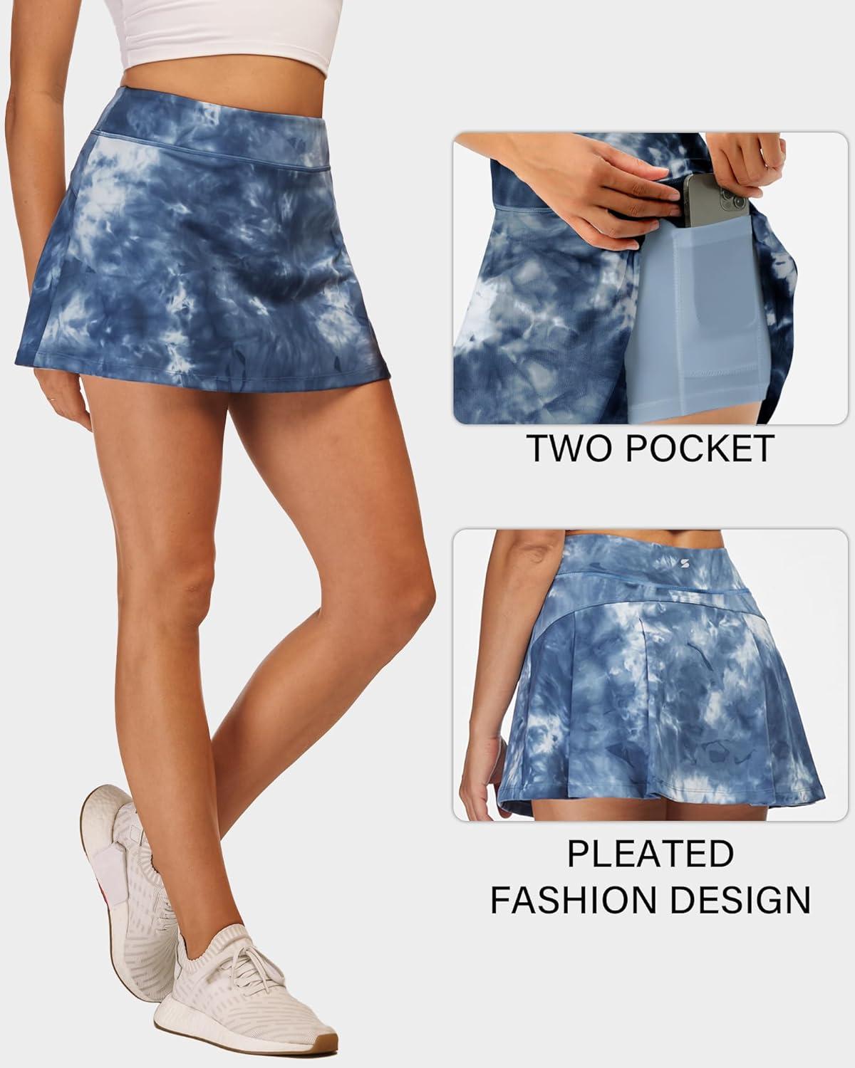 imageStelle Women Tennis Skirt Golf Skorts Athletic High Waisted with Pockets Inner Shorts Sport Workout Pleated PickleballTie Dye Blue
