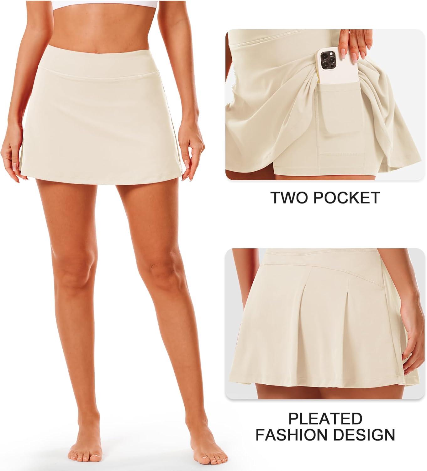imageStelle Women Tennis Skirt Golf Skorts Athletic High Waisted with Pockets Inner Shorts Sport Workout Pleated PickleballWhite Beige