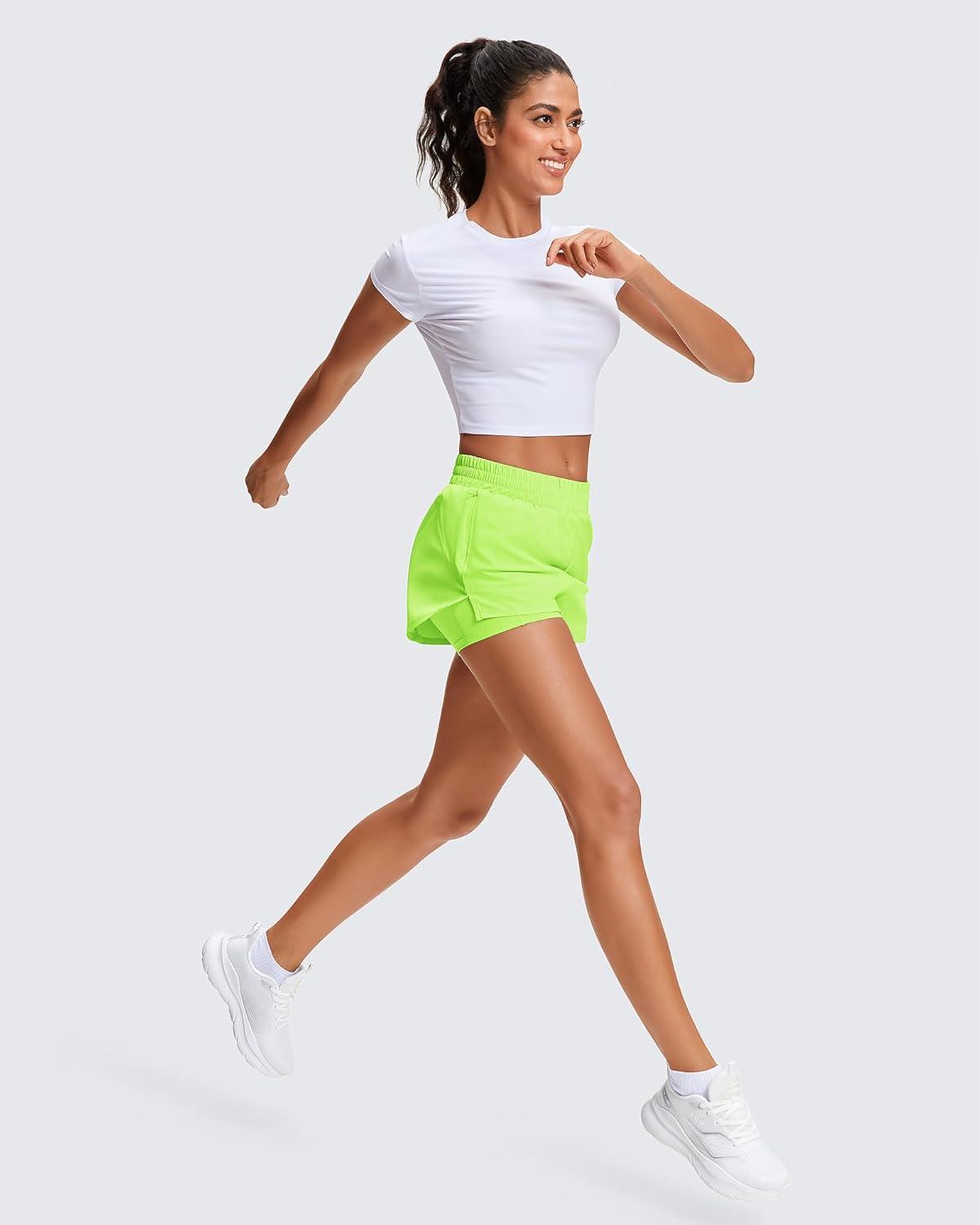 imageStelle Womens 2 in 1 Running Shorts Athletic Workout Gym Shorts High Waisted Shorts with Liner Zipper PocketsNeon Yellow