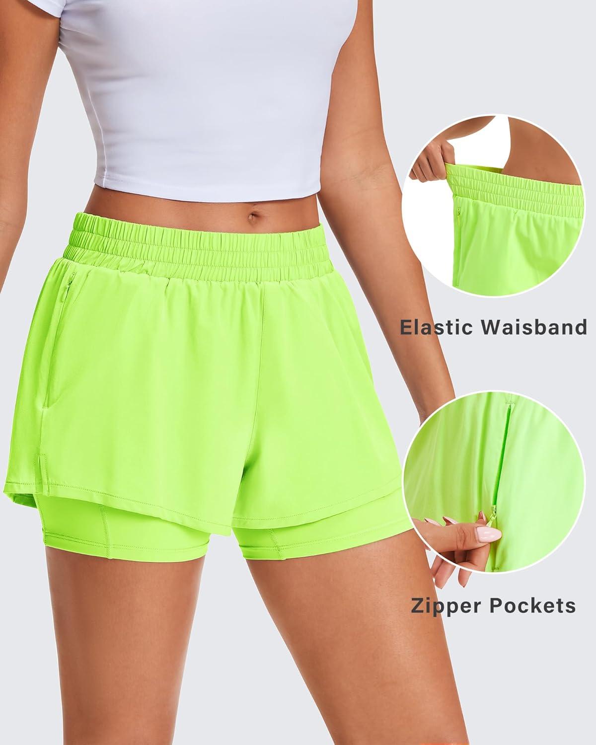 imageStelle Womens 2 in 1 Running Shorts Athletic Workout Gym Shorts High Waisted Shorts with Liner Zipper PocketsNeon Yellow